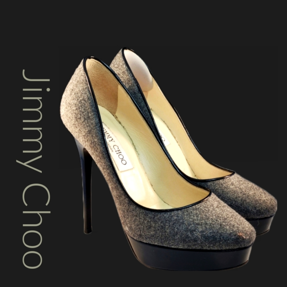 Jimmy Choo pumps, Grey & black wool & patent, stiletto, low platform,  6.5